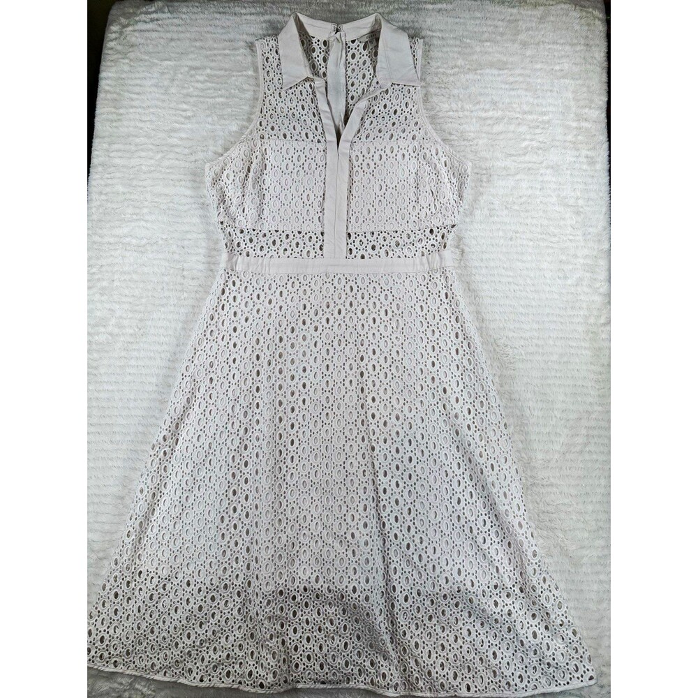 GUESS White Eyelet Lace Sleeveless Midi Dress Shirt Collar Cutout Waist Sz 10